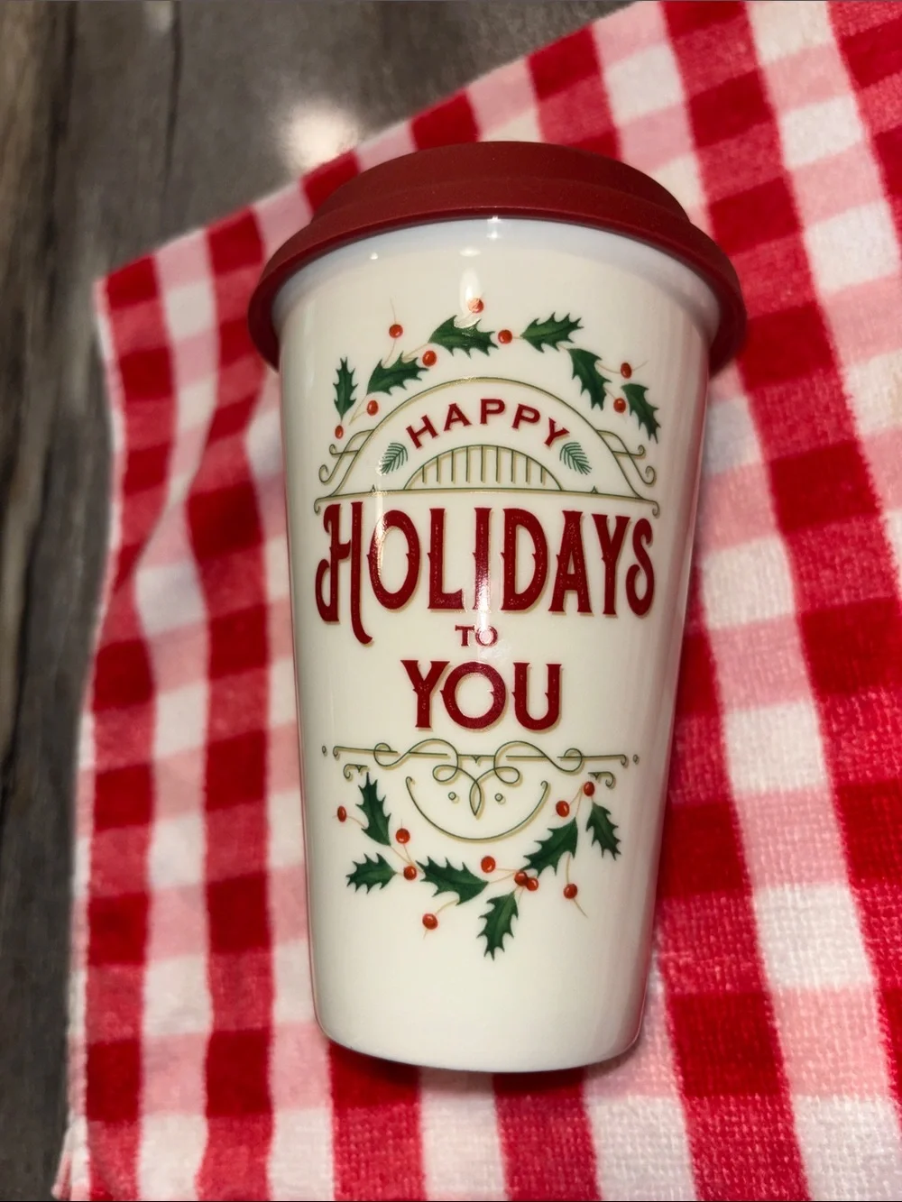 Lenox Christmas porcelain travel tumbler good used shape